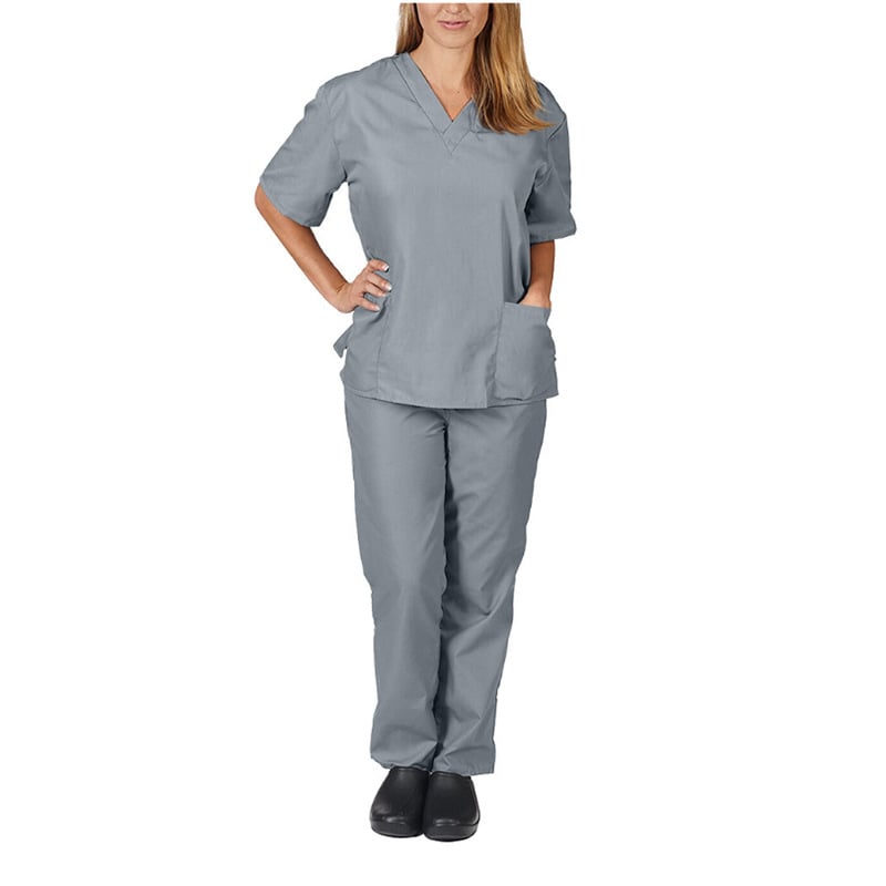Uniformă medicală cu decolteu în V și buzunare, mâneci scurte, pantaloni, material care evacuează umezeala poliester-spandex, vară
