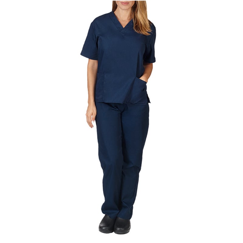 Uniformă medicală cu decolteu în V și buzunare, mâneci scurte, pantaloni, material care evacuează umezeala poliester-spandex, vară