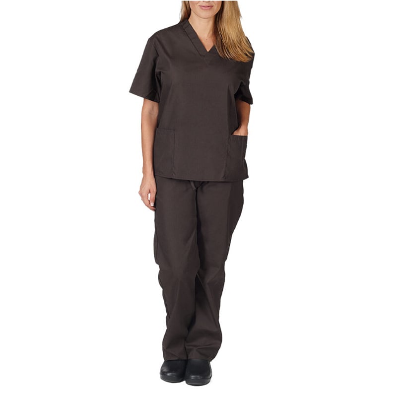 Uniformă medicală cu decolteu în V și buzunare, mâneci scurte, pantaloni, material care evacuează umezeala poliester-spandex, vară