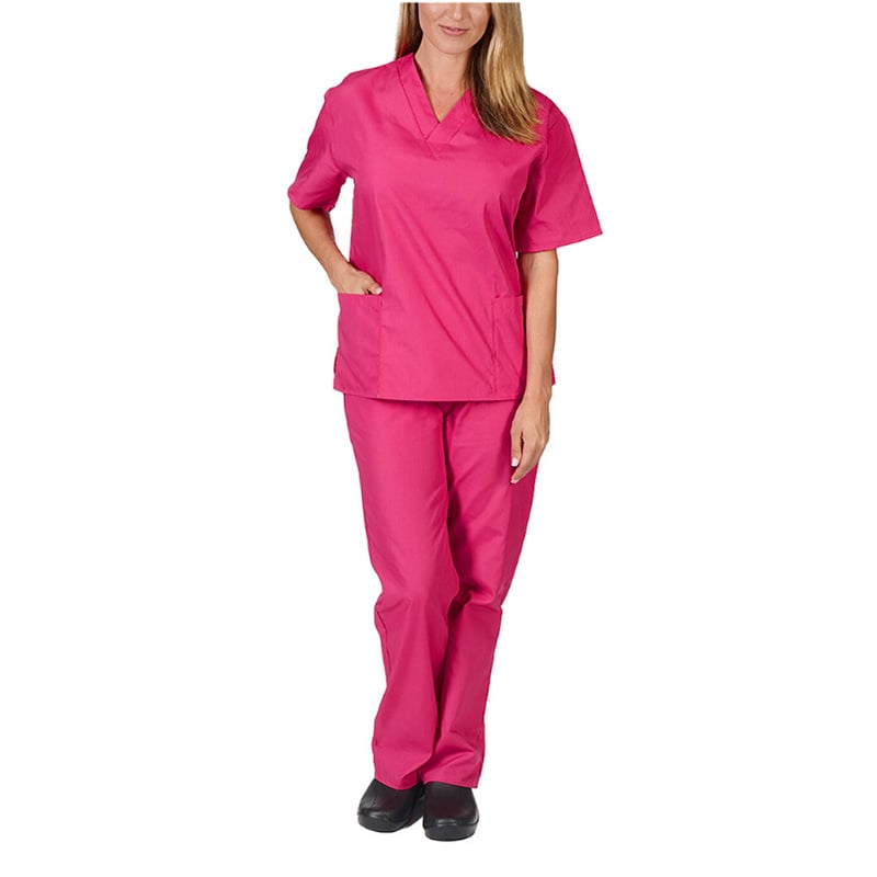 Uniformă medicală cu decolteu în V și buzunare, mâneci scurte, pantaloni, material care evacuează umezeala poliester-spandex, vară