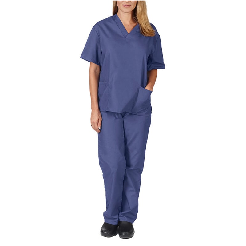 Uniformă medicală cu decolteu în V și buzunare, mâneci scurte, pantaloni, material care evacuează umezeala poliester-spandex, vară