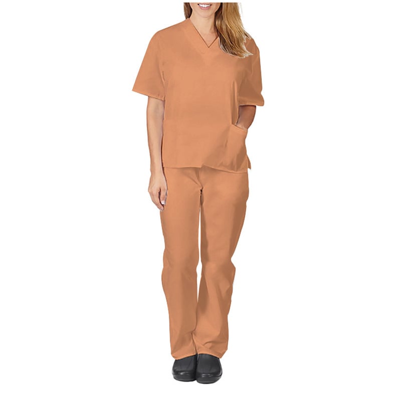 Uniformă medicală cu decolteu în V și buzunare, mâneci scurte, pantaloni, material care evacuează umezeala poliester-spandex, vară