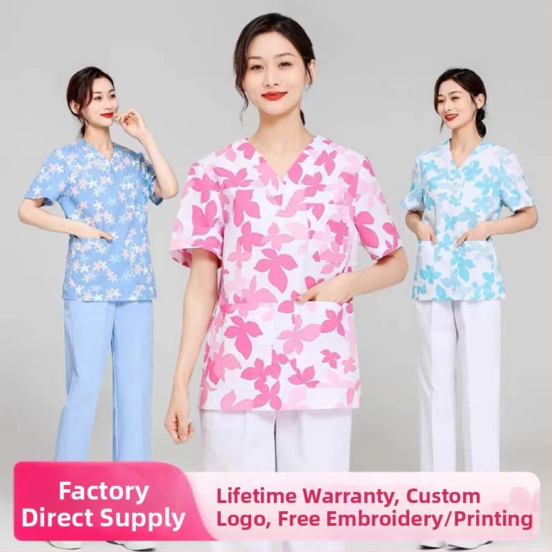 Medicínsky uniformný set: krátke rukávy, V-krk, vrchná časť a nohavice v štýle saka, materiál polyester-bavlna, odvádza vlhkosť, vhodné do nemocnice a kozmetického salónu.