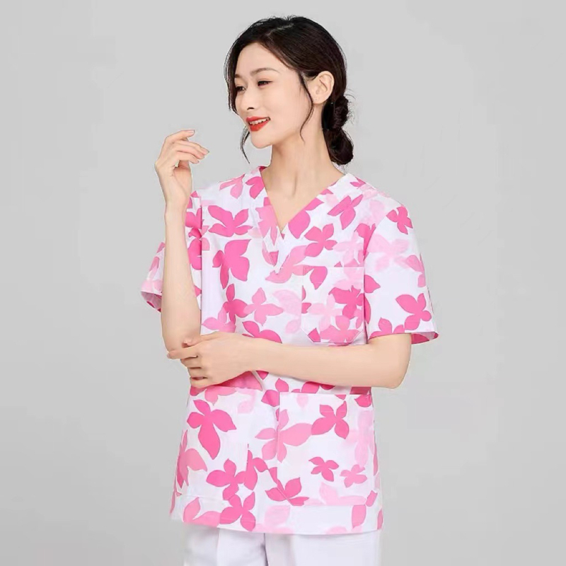 Medicínsky uniformný set: krátke rukávy, V-krk, vrchná časť a nohavice v štýle saka, materiál polyester-bavlna, odvádza vlhkosť, vhodné do nemocnice a kozmetického salónu.