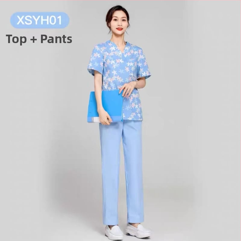 Medicínsky uniformný set: krátke rukávy, V-krk, vrchná časť a nohavice v štýle saka, materiál polyester-bavlna, odvádza vlhkosť, vhodné do nemocnice a kozmetického salónu.