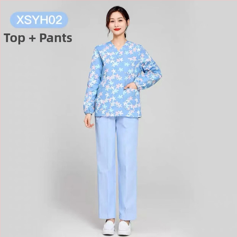 Medicínsky uniformný set: krátke rukávy, V-krk, vrchná časť a nohavice v štýle saka, materiál polyester-bavlna, odvádza vlhkosť, vhodné do nemocnice a kozmetického salónu.