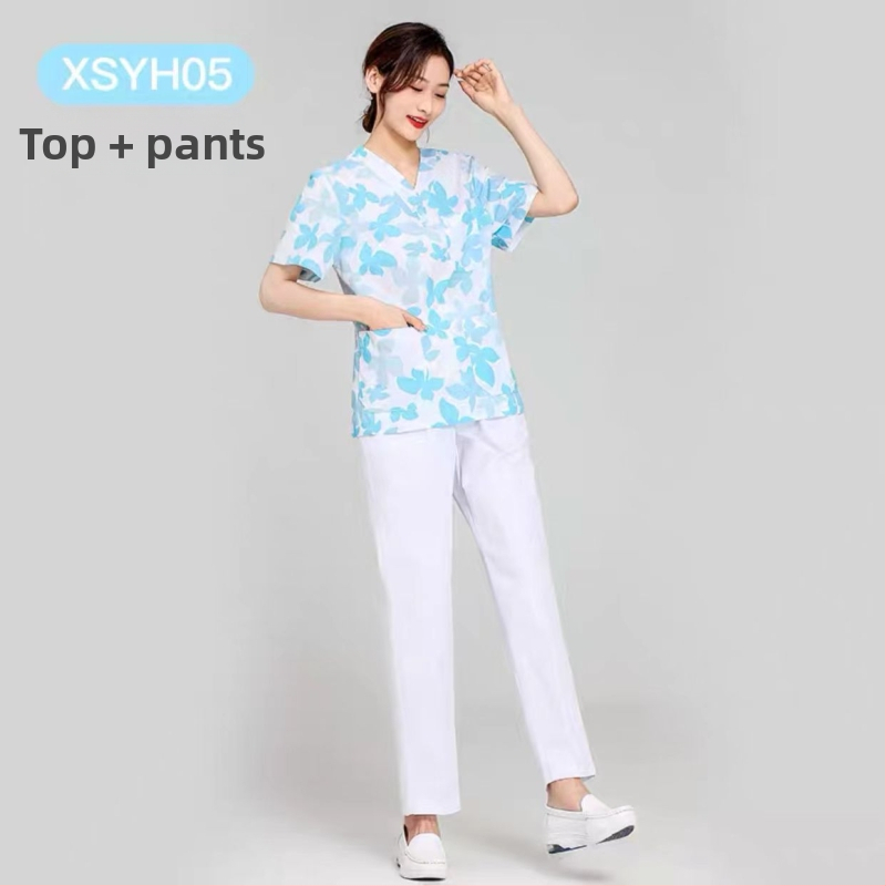 Medicínsky uniformný set: krátke rukávy, V-krk, vrchná časť a nohavice v štýle saka, materiál polyester-bavlna, odvádza vlhkosť, vhodné do nemocnice a kozmetického salónu.