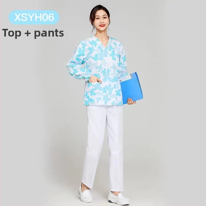 Medicínsky uniformný set: krátke rukávy, V-krk, vrchná časť a nohavice v štýle saka, materiál polyester-bavlna, odvádza vlhkosť, vhodné do nemocnice a kozmetického salónu.