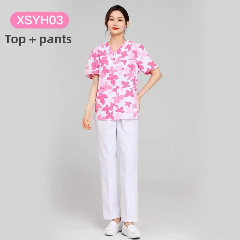 Medicínsky uniformný set: krátke rukávy, V-krk, vrchná časť a nohavice v štýle saka, materiál polyester-bavlna, odvádza vlhkosť, vhodné do nemocnice a kozmetického salónu.