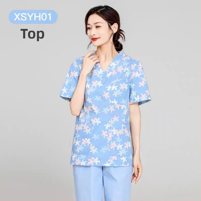 Medicínsky uniformný set: krátke rukávy, V-krk, vrchná časť a nohavice v štýle saka, materiál polyester-bavlna, odvádza vlhkosť, vhodné do nemocnice a kozmetického salónu.
