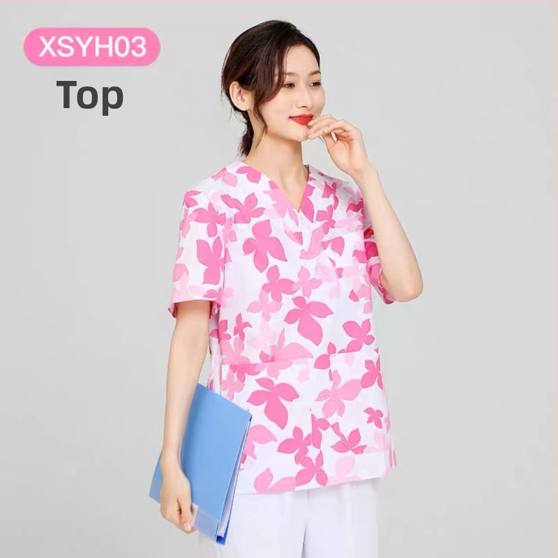 Medicínsky uniformný set: krátke rukávy, V-krk, vrchná časť a nohavice v štýle saka, materiál polyester-bavlna, odvádza vlhkosť, vhodné do nemocnice a kozmetického salónu.