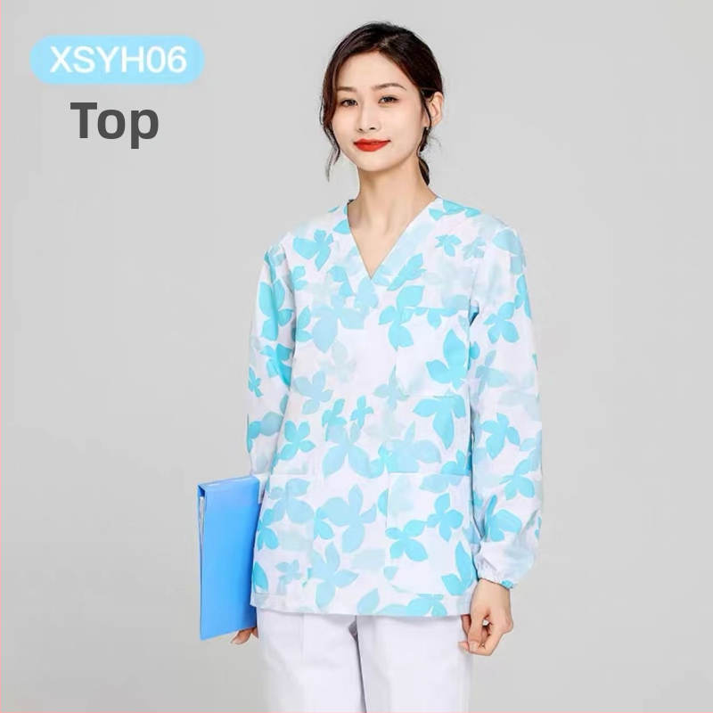 Medicínsky uniformný set: krátke rukávy, V-krk, vrchná časť a nohavice v štýle saka, materiál polyester-bavlna, odvádza vlhkosť, vhodné do nemocnice a kozmetického salónu.