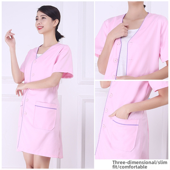 Uniszex koreai stílusú szépségszalon köntös, V-nyak, félhosszú ujjú, laza szabás, poliészter, olajálló és szennyeződésálló, bőrápolás és tetoválószalon számára