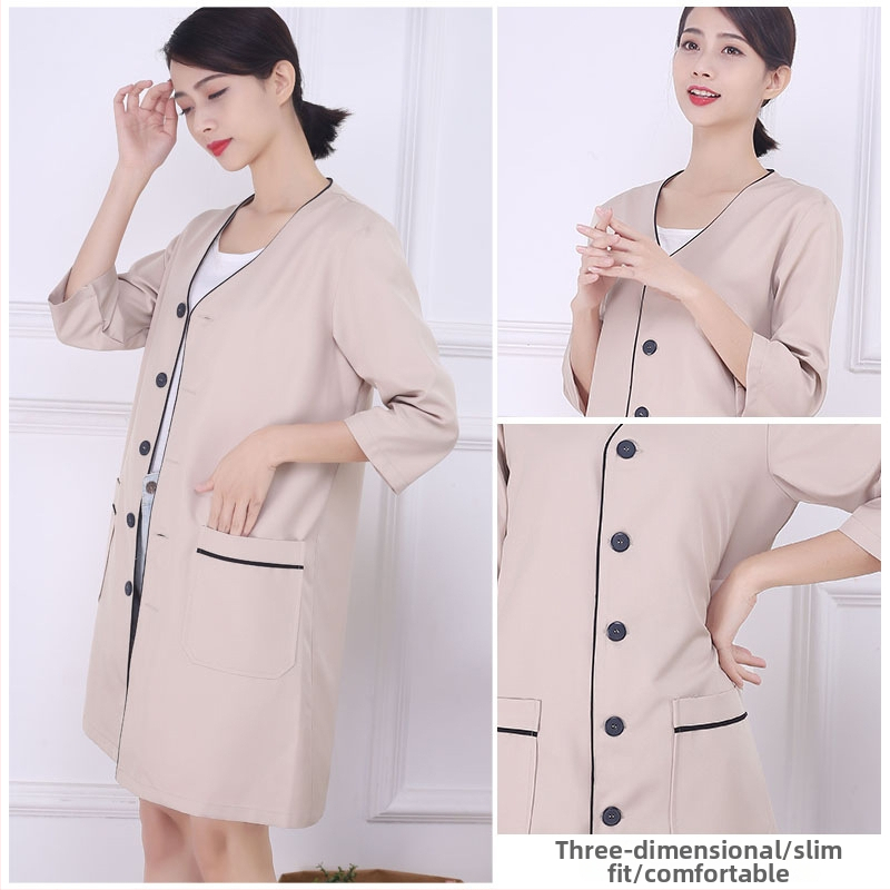 Unisex plášť na kozmetický salón v korejskom štýle, V výstrih, polovičné rukávy, voľný strih, polyester, odolný voči olejom a kontaminácii, pre starostlivosť o pleť a tetovanie