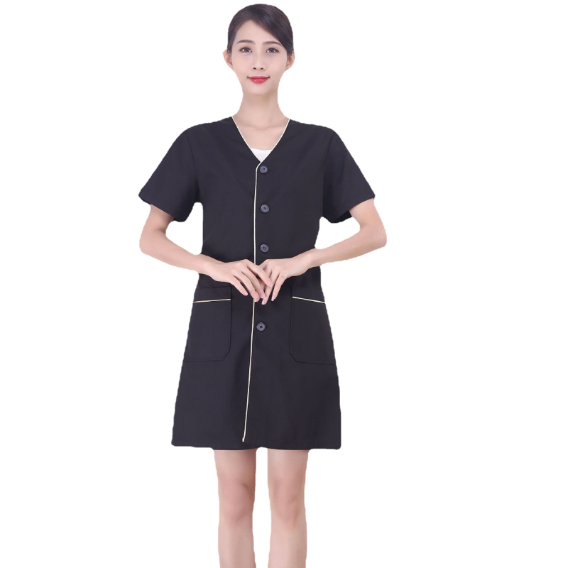 Uniszex koreai stílusú szépségszalon köntös, V-nyak, félhosszú ujjú, laza szabás, poliészter, olajálló és szennyeződésálló, bőrápolás és tetoválószalon számára