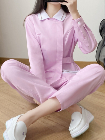 Ápolói egyenruha - két részes szett, hosszú ujjú, uniszex, csipkés gallér, anti-statikus, pamut-poliészter keverék