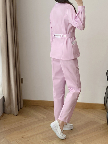 Ápolói egyenruha - két részes szett, hosszú ujjú, uniszex, csipkés gallér, anti-statikus, pamut-poliészter keverék