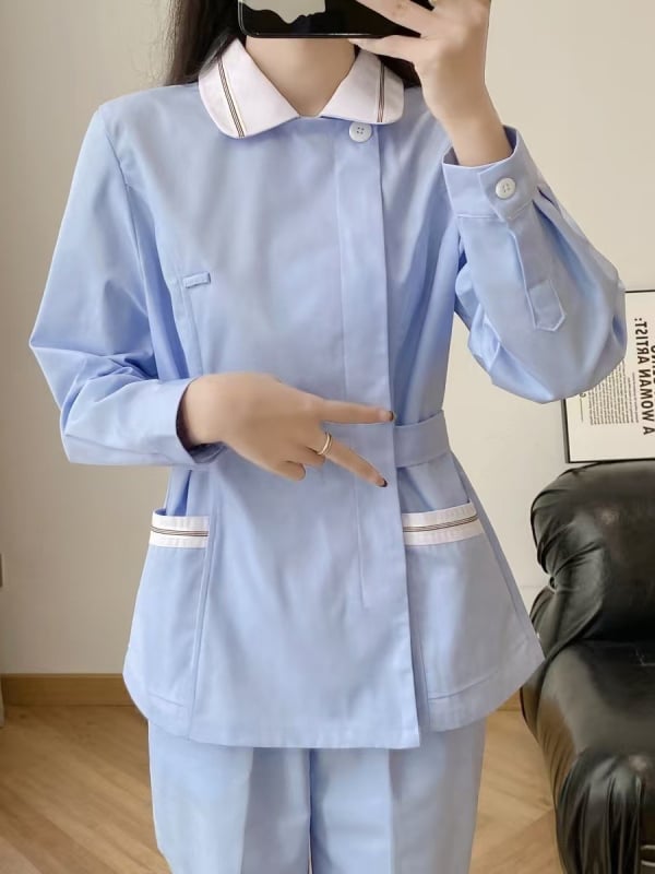 Ápolói egyenruha - két részes szett, hosszú ujjú, uniszex, csipkés gallér, anti-statikus, pamut-poliészter keverék