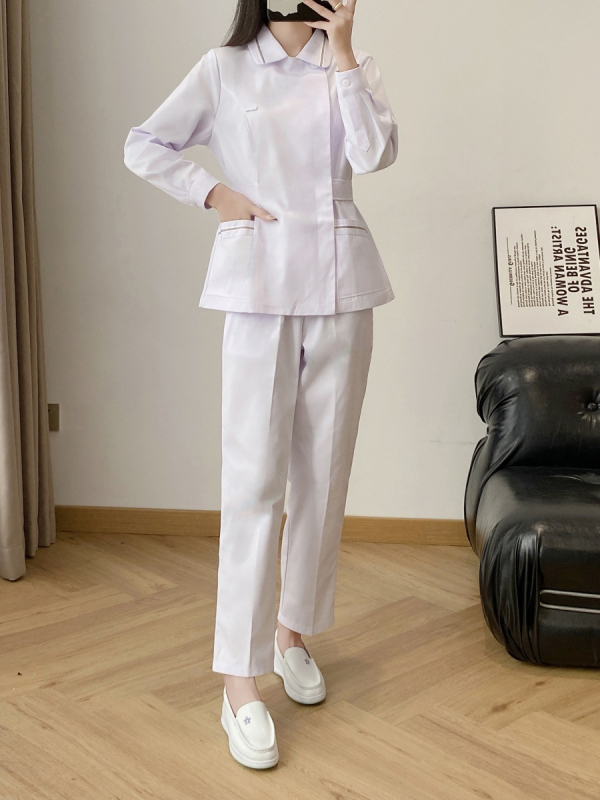 Ápolói egyenruha - két részes szett, hosszú ujjú, uniszex, csipkés gallér, anti-statikus, pamut-poliészter keverék