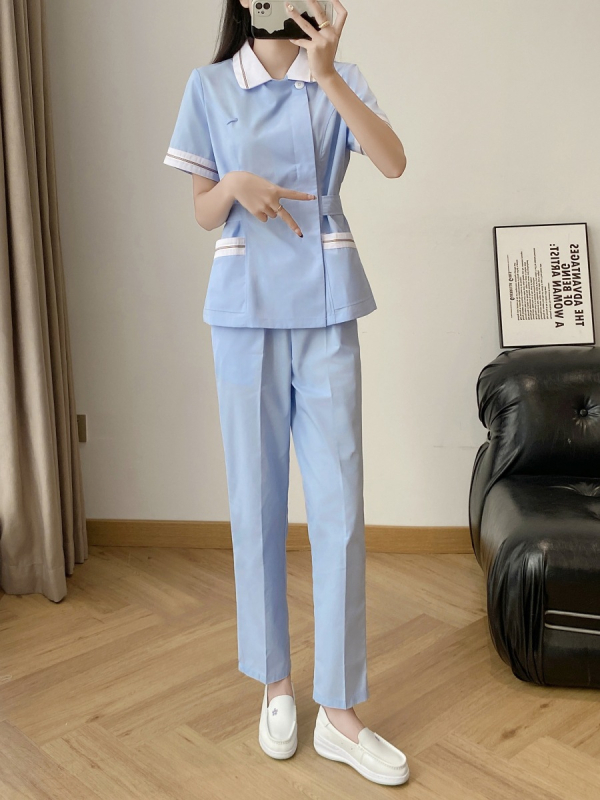 Ápolói egyenruha - két részes szett, hosszú ujjú, uniszex, csipkés gallér, anti-statikus, pamut-poliészter keverék