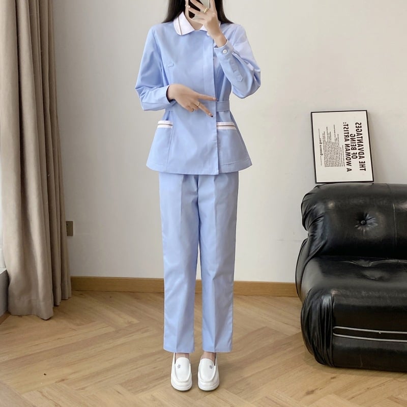 Ápolói egyenruha - két részes szett, hosszú ujjú, uniszex, csipkés gallér, anti-statikus, pamut-poliészter keverék