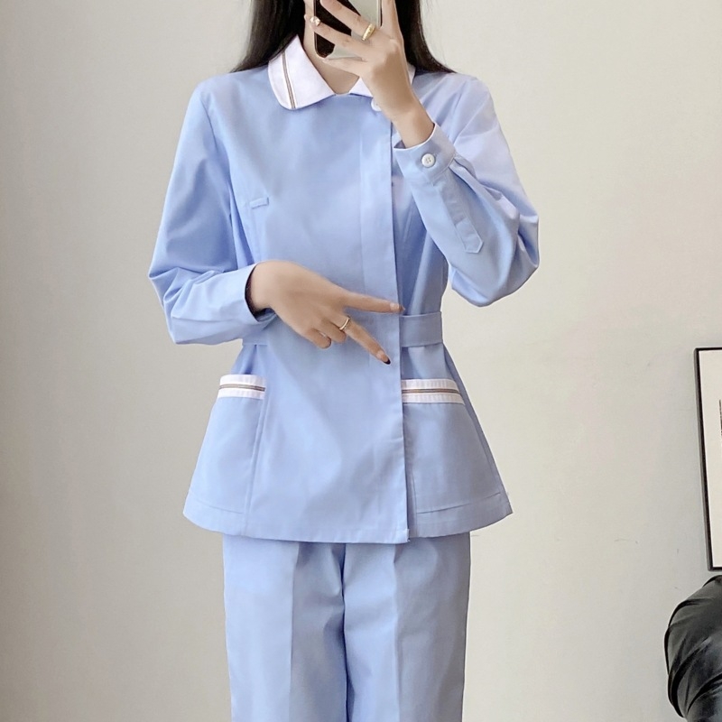 Ápolói egyenruha - két részes szett, hosszú ujjú, uniszex, csipkés gallér, anti-statikus, pamut-poliészter keverék