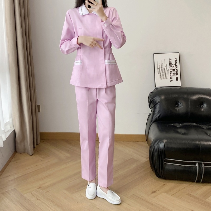 Ápolói egyenruha - két részes szett, hosszú ujjú, uniszex, csipkés gallér, anti-statikus, pamut-poliészter keverék