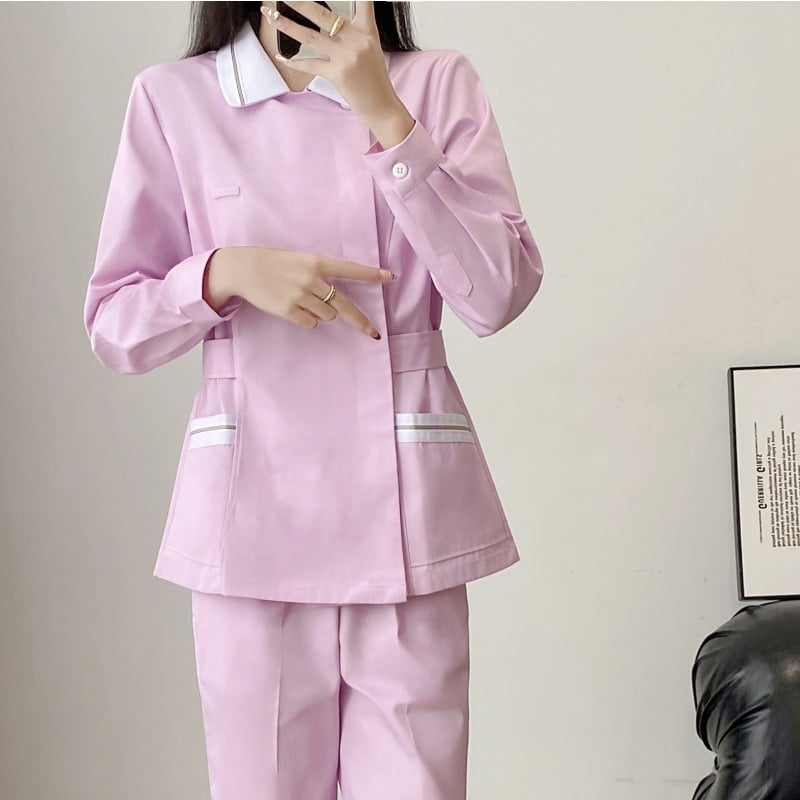 Ápolói egyenruha - két részes szett, hosszú ujjú, uniszex, csipkés gallér, anti-statikus, pamut-poliészter keverék