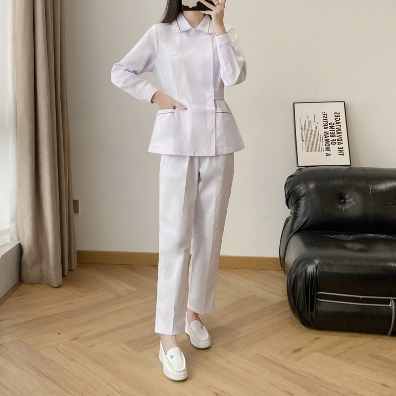 Ápolói egyenruha - két részes szett, hosszú ujjú, uniszex, csipkés gallér, anti-statikus, pamut-poliészter keverék