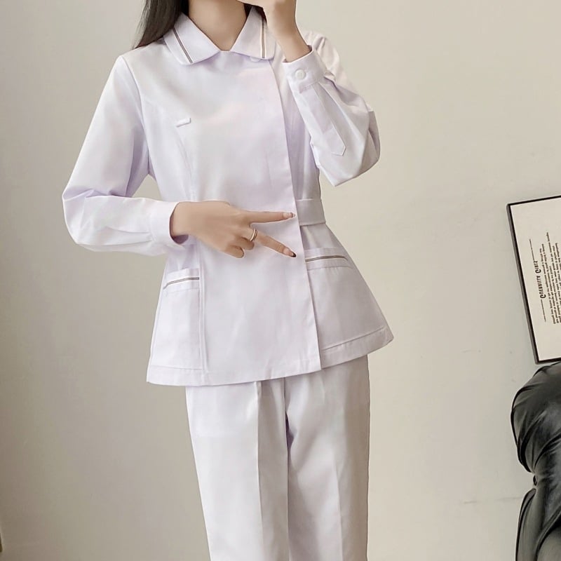 Ápolói egyenruha - két részes szett, hosszú ujjú, uniszex, csipkés gallér, anti-statikus, pamut-poliészter keverék