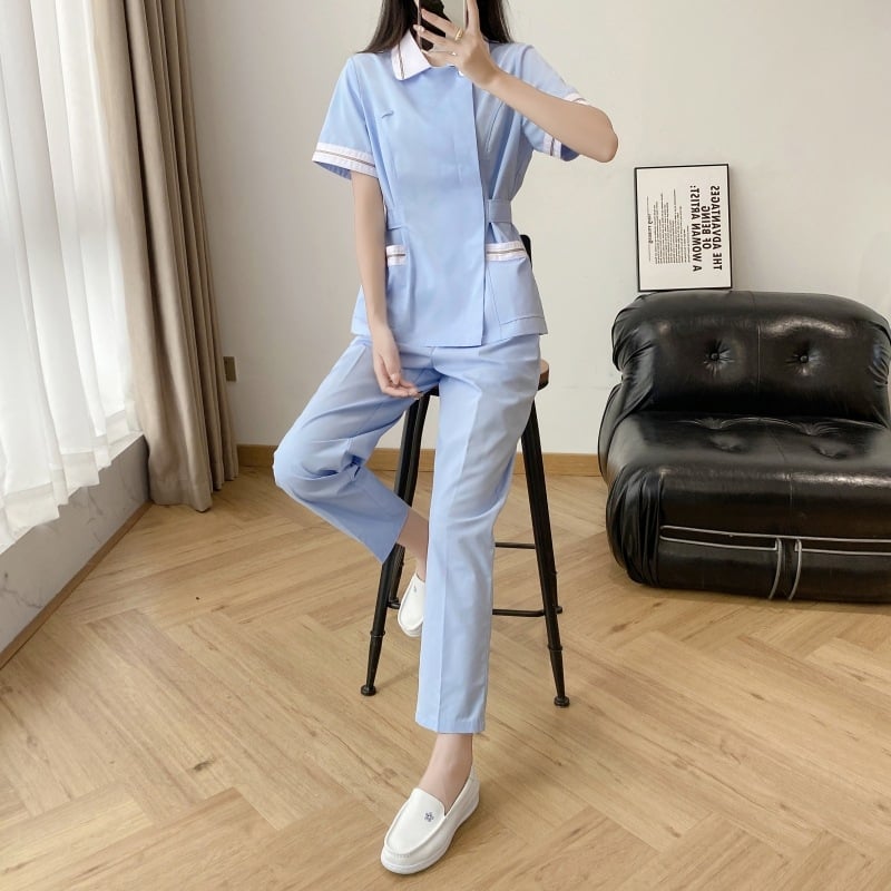 Ápolói egyenruha - két részes szett, hosszú ujjú, uniszex, csipkés gallér, anti-statikus, pamut-poliészter keverék