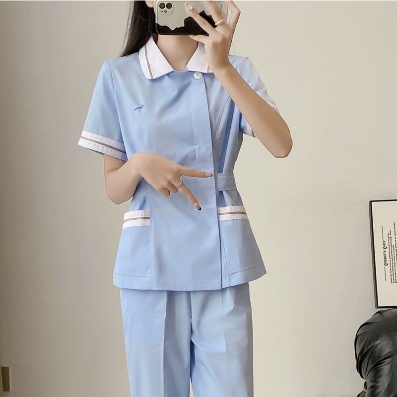 Ápolói egyenruha - két részes szett, hosszú ujjú, uniszex, csipkés gallér, anti-statikus, pamut-poliészter keverék