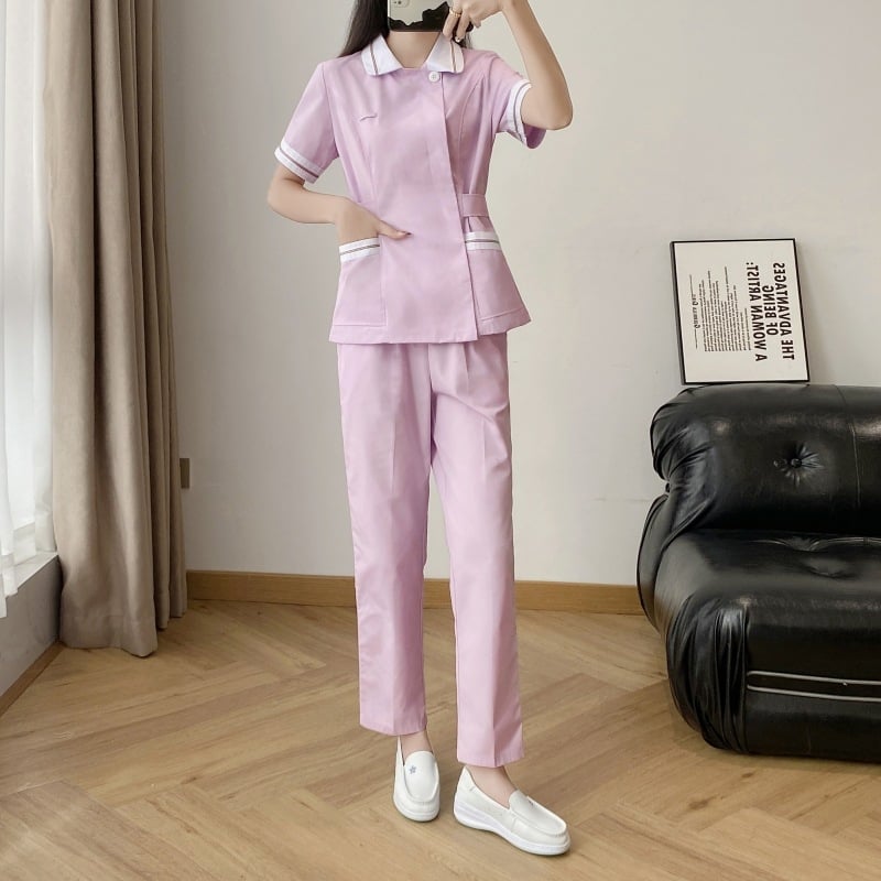 Ápolói egyenruha - két részes szett, hosszú ujjú, uniszex, csipkés gallér, anti-statikus, pamut-poliészter keverék