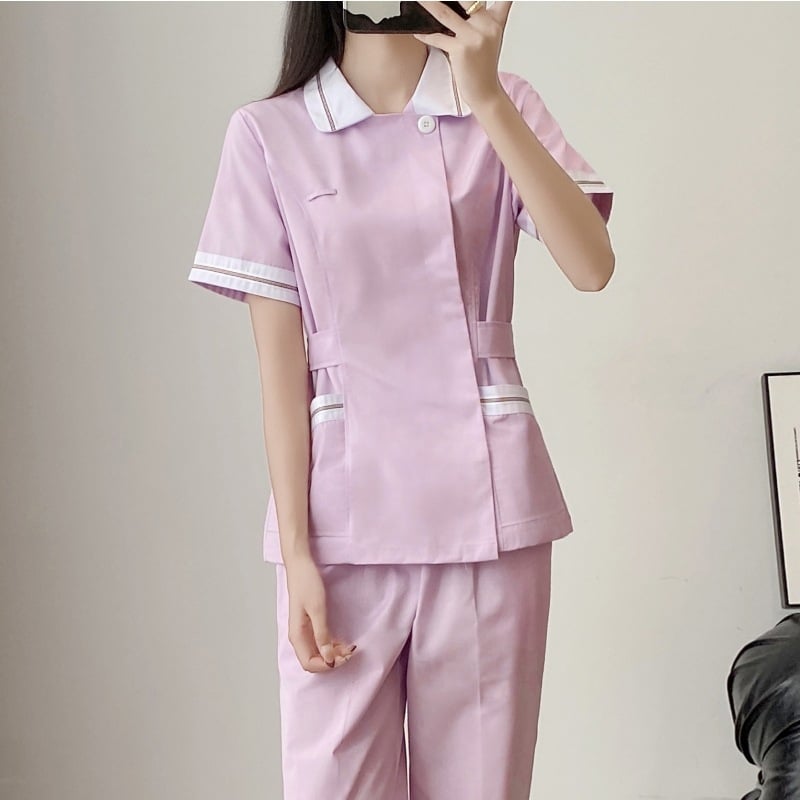 Ápolói egyenruha - két részes szett, hosszú ujjú, uniszex, csipkés gallér, anti-statikus, pamut-poliészter keverék