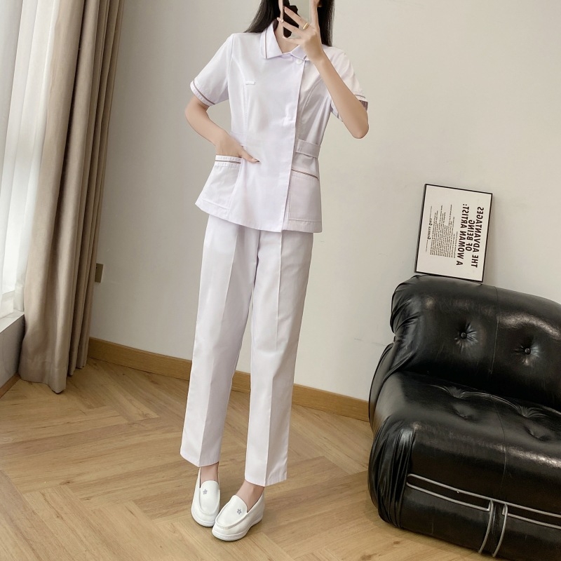 Ápolói egyenruha - két részes szett, hosszú ujjú, uniszex, csipkés gallér, anti-statikus, pamut-poliészter keverék