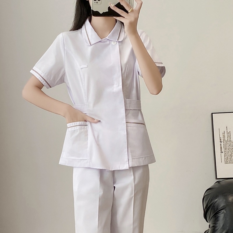 Ápolói egyenruha - két részes szett, hosszú ujjú, uniszex, csipkés gallér, anti-statikus, pamut-poliészter keverék