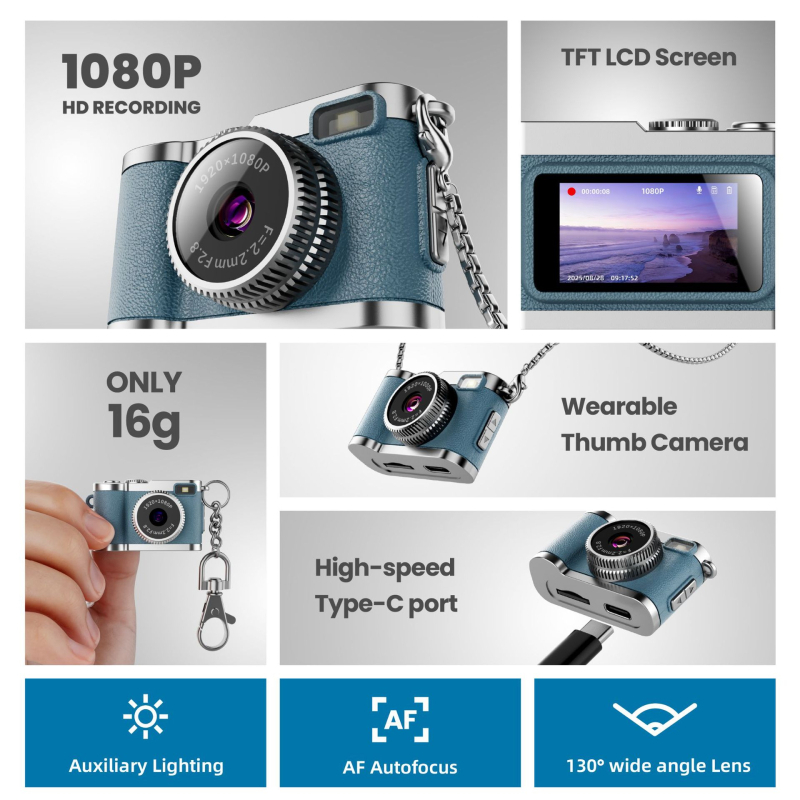 Mini kamera-privjesak za ruksak (0,96-inčni IPS zaslon u boji, 12–20MP, TF kartica, Model G2, 1–3 sata rada)