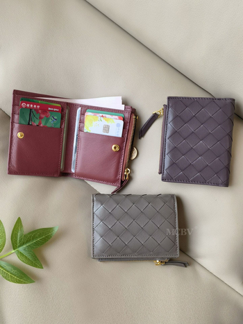 MCBV Δερμάτινο κοντό πορτοφόλι με υφαντό από προβατίνα, φερμουάρ, θήκη για κάρτες και κέρματα, αστικός μινιμαλισμός, μονόχρωμο σχέδιο