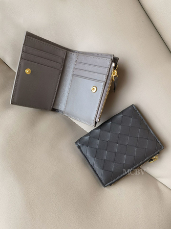 MCBV Δερμάτινο κοντό πορτοφόλι με υφαντό από προβατίνα, φερμουάρ, θήκη για κάρτες και κέρματα, αστικός μινιμαλισμός, μονόχρωμο σχέδιο