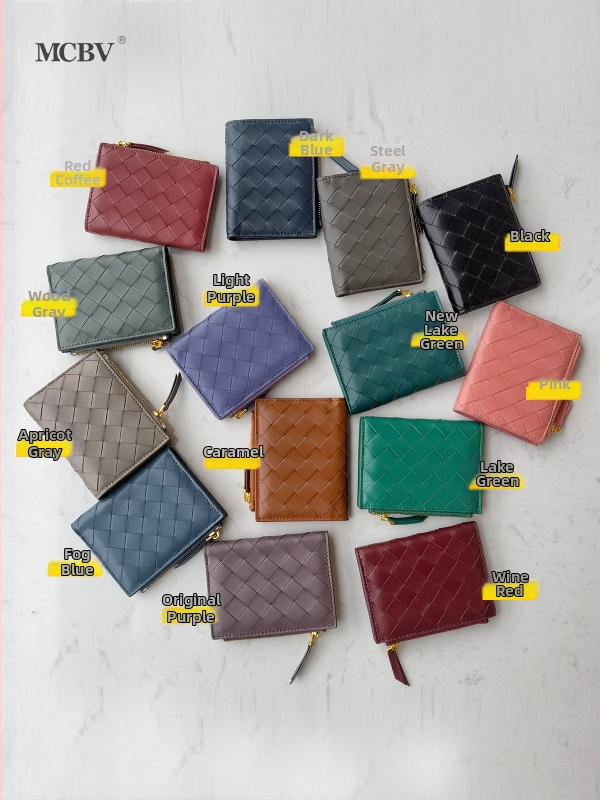 MCBV Δερμάτινο κοντό πορτοφόλι με υφαντό από προβατίνα, φερμουάρ, θήκη για κάρτες και κέρματα, αστικός μινιμαλισμός, μονόχρωμο σχέδιο