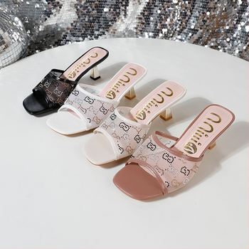 Ženske sandale s visokim petama, thong stil, PU gornji dio, gumeni potplat, okrugli vrh, bez podstave, uzorak herringbone, jesen 2024