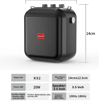 Zhike K92 Prenosný Bluetooth karaoke reproduktor, 15 W, Bluetooth 5.0, vstavaná batéria 4000–6000 mAh, frekvenčný rozsah 100 Hz–20 kHz, SNR ≥70 dB