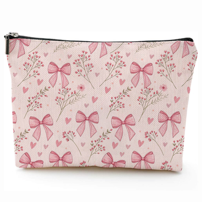 Козметична чанта с принт на панделка, водоустойчива и преносима, полиестерен външен материал и полиестерна подплата.