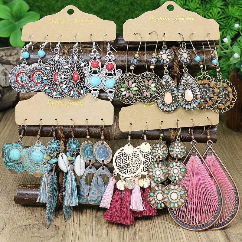 Обици – бохемски геометрични ресни с кристали, цинкова сплав, за жени, пролет 2024