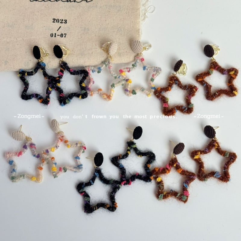 Klip za uho s petokrakom zvijezdom, omotano vunom, U‑oblik geometrijski, ručna izrada, korejski stil (Materijal: bakar; Uho igla: srebro 925; Stil: U-oblik, Geometrijski; Obrada: ručna)