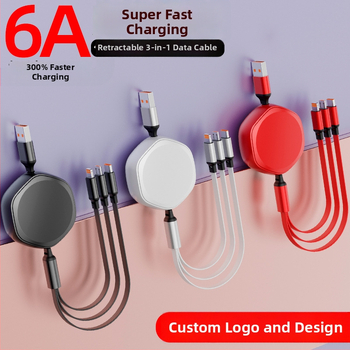 3-in-1 visszahúzható adatkábel Micro USB és USB-C csatlakozókkal, test alumíniumötvözet, 66W maximális teljesítmény, TPE burkolat