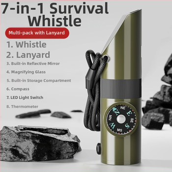 Friendly Išgyvenimo švilpukas — septynis į vieną, daugiafunkcinis švilpukas su aukšto dažnio impulsais ir kompasu