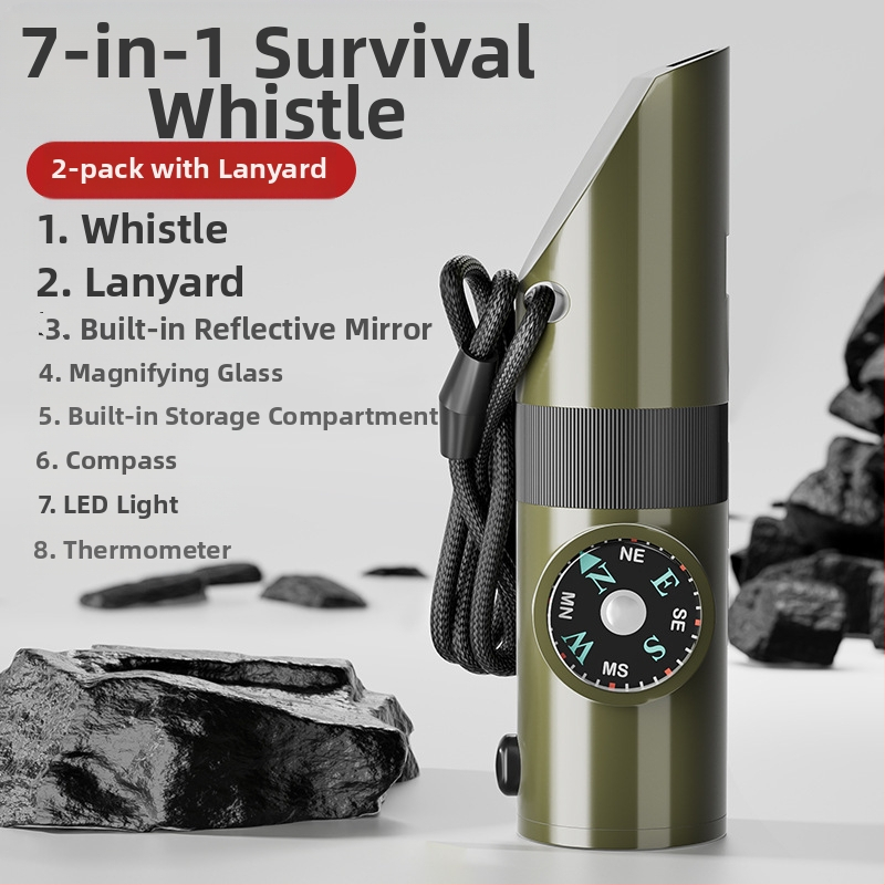 Friendly Išgyvenimo švilpukas — septynis į vieną, daugiafunkcinis švilpukas su aukšto dažnio impulsais ir kompasu