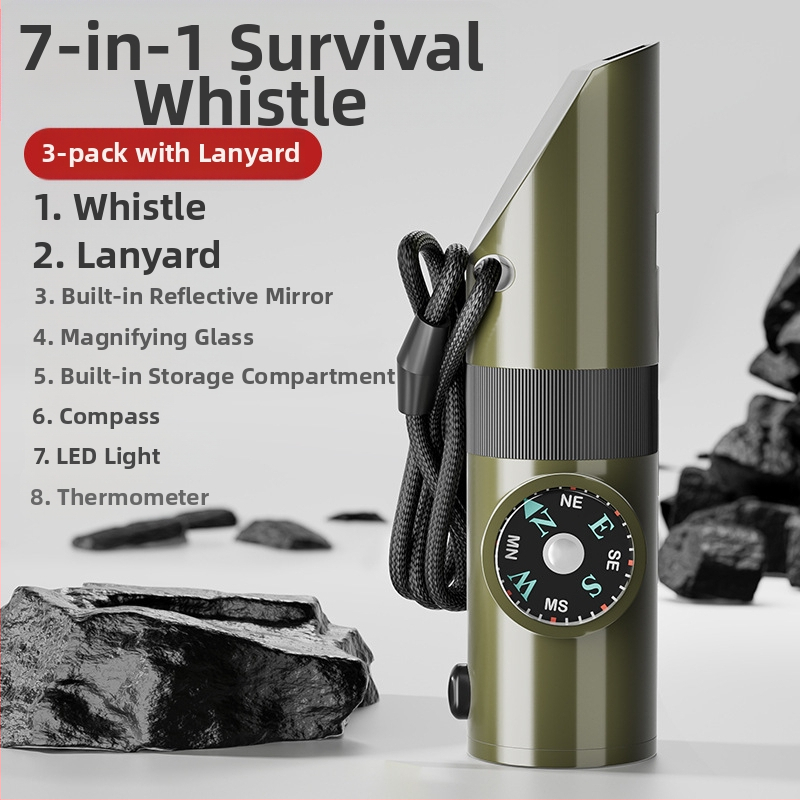 Friendly Išgyvenimo švilpukas — septynis į vieną, daugiafunkcinis švilpukas su aukšto dažnio impulsais ir kompasu
