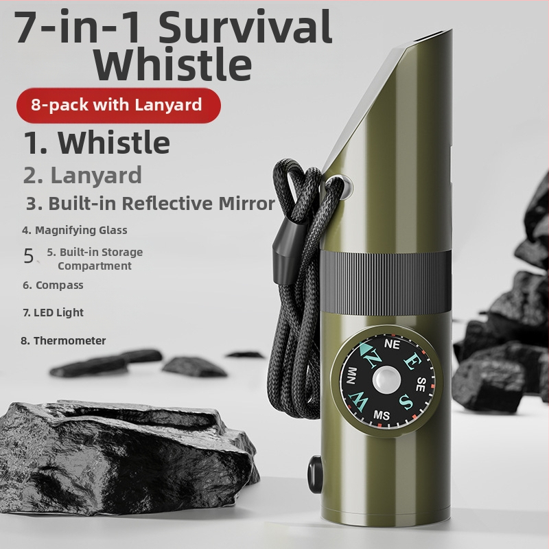 Friendly Išgyvenimo švilpukas — septynis į vieną, daugiafunkcinis švilpukas su aukšto dažnio impulsais ir kompasu
